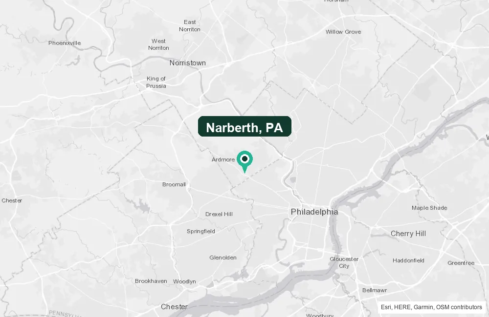 Map of Narberth, Pennsylvania and the surrounding Montgomery County area service area
